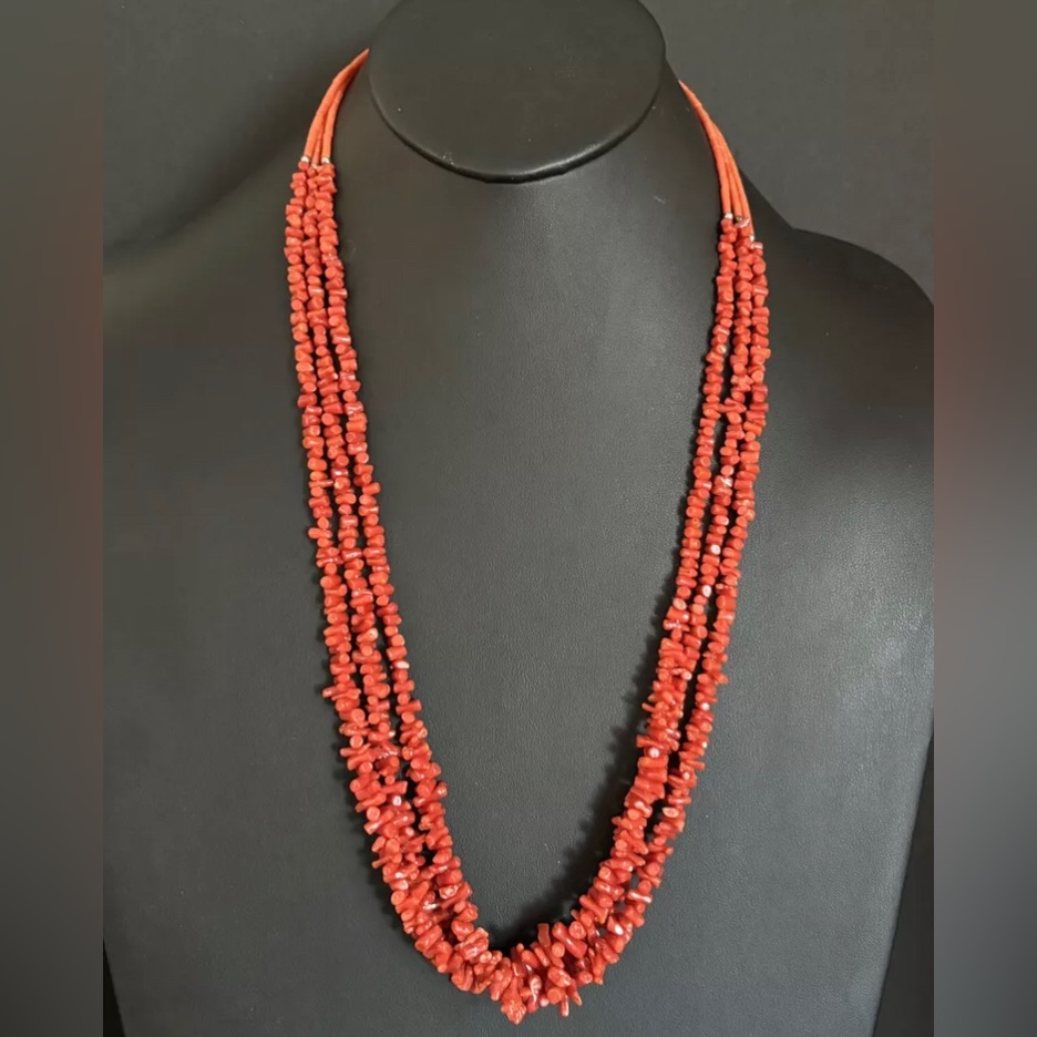 Native American Sterling Silver Multi Strand Red Coral Bead Necklace 30 Inch